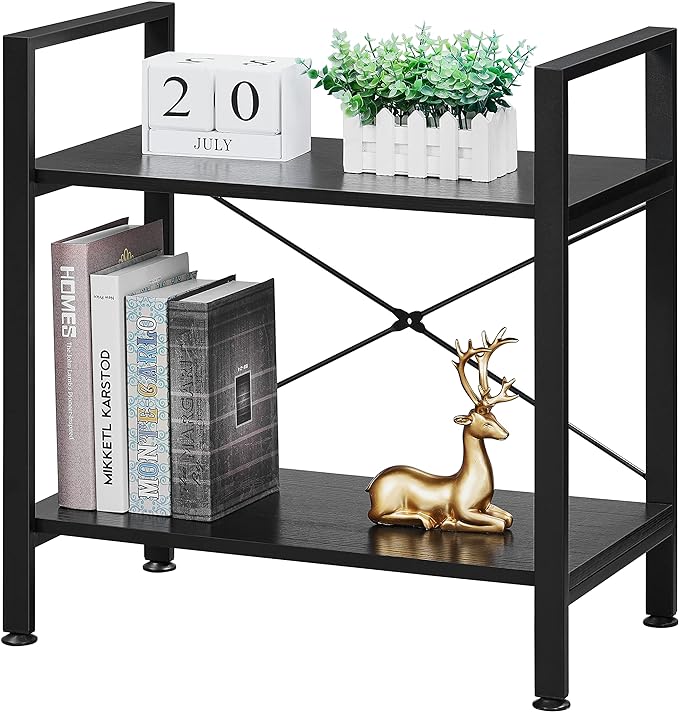 BEWISHOME 2 Tier Small Bookshelf, Black Industrial 2 Shelf Wooden Storage Bookcase with Metal Frame, Mini Shoe Rack with Short Shelves for Hallway, Bedroom, Living Room and Home Office JCJ52B