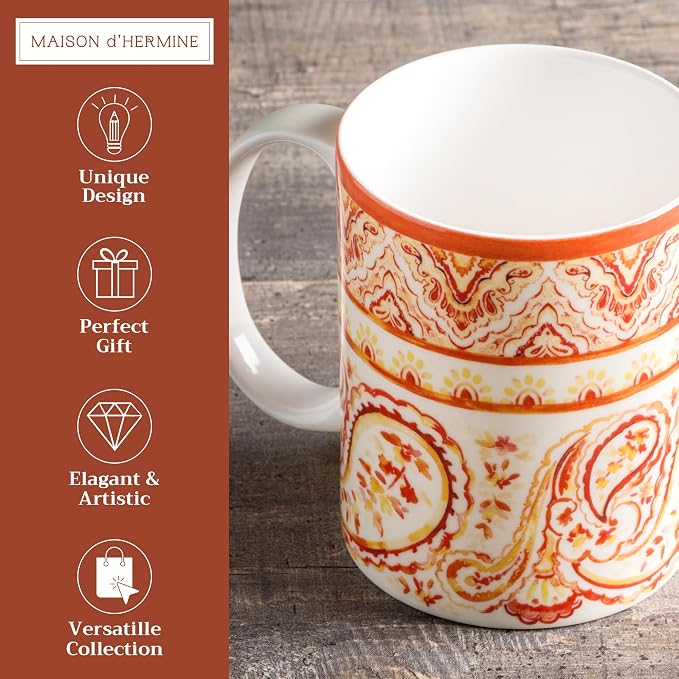 Maison d' Hermine Coffee Mug with Handles Tea Cups (15 Ounce, Pack of 1) | Fine Bone China Coffee Mugs for Hot Beverages Cappuccino Latte Home Hotel Spring Summer -Palatial Paisley - Indian Summer