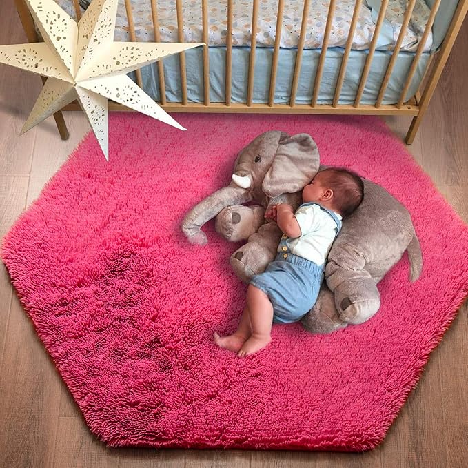 junovo Ultra Soft Rug for Nursery Children Room Baby Room Home Decor Dormitory Hexagon Carpet for Playhouse Princess Tent Kids Play Castle, Diameter 4.6 ft, Hot-pink