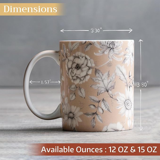 Maison d' Hermine Coffee Mug with Handles Tea Cups (15 Ounce, Pack of 1) | Fine Bone China Coffee Mugs for Hot Beverages Cappuccino Latte Home Restaurant Spring Summer -Pretty Autumn - Pretty Mono