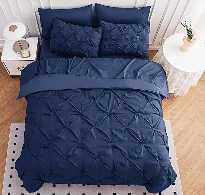 LANE LINEN Bed Comforter Set for Split King Mattress, Soft 8 Piece Split King Bed in a Bag with 1 King Comforter, 1 King Size Flat Sheet, 2 Twin XL Fitted Sheets, 2 Pillowcases & 2 Shams - Navy Blue