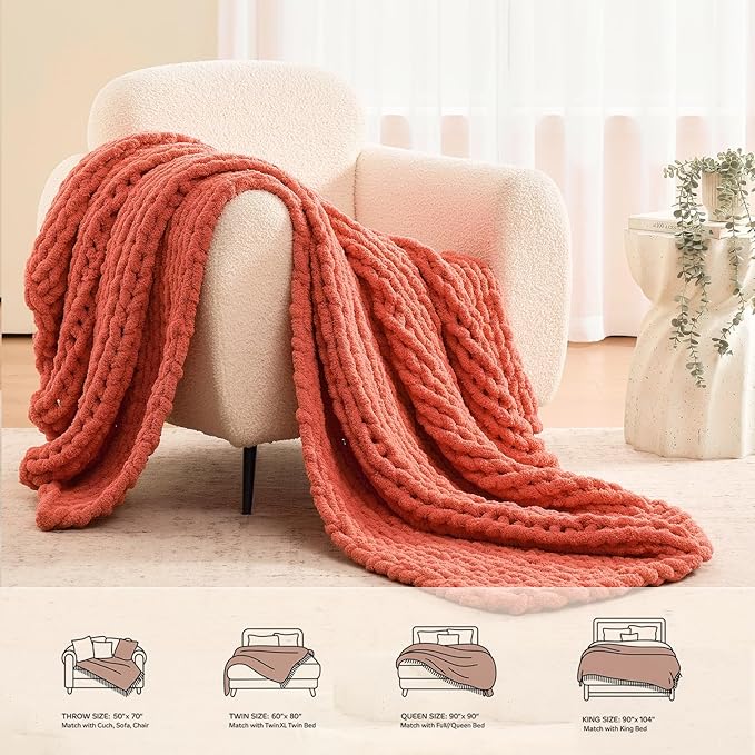L'AGRATY Chunky Knit Blanket Throw: 60''x80'' Chenille Chunky Knitted Throw Blankets for Twin Bed Couch - Handmade Thick Cable Knit Blanket - Large Crochet Rope Blankets for Home Decor(Coral Pink)