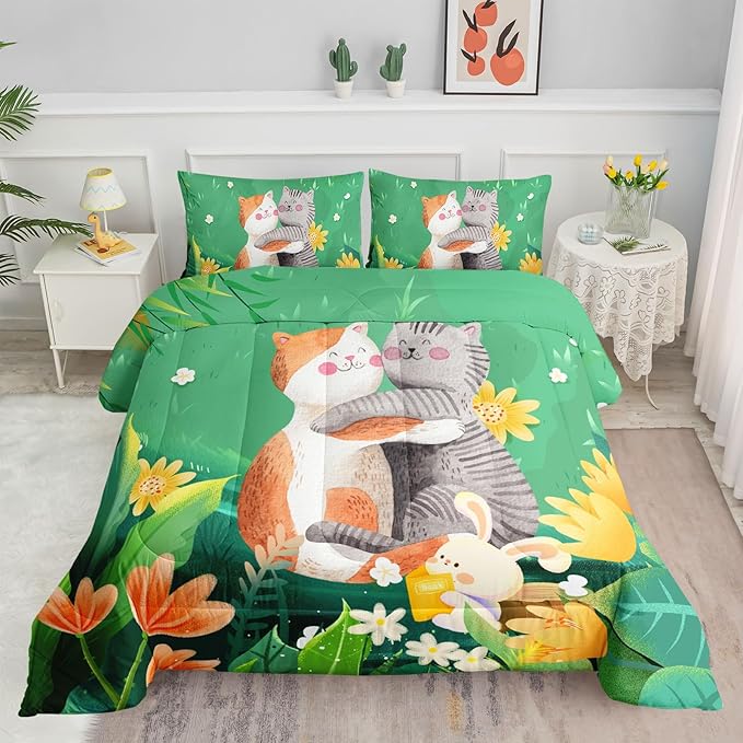 Datura home Cute Cat Kids Comforter Bedding Set for Boys Girls, Watercolor Cat Forest Rabbit and Flower Print Comforter with 2 Pillowcases(Cute Cat Queen)