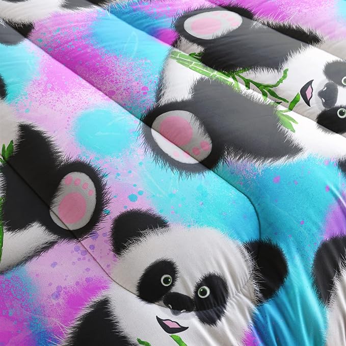 Panda Comforter Twin Size,Neon Panda Comforter Set for Kids Teens Girls Boys,3Pcs Bedding Set Printed Comforter with 2 Pillowcases,Down Alternative,Soft and Lightweight，Twin Size