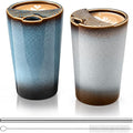 2 Pack Ceramic Coffee Mug with Sip Hole, Retro Espresso Cup 13 oz with 2 Straws and 2 Cleaning Brushes Ceramic Iced Coffee Tea Travel Mug Latte Cup for Kitchen Dining