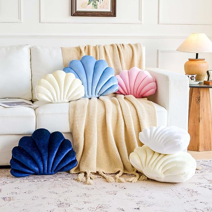Pink Seashell Throw Pillows, Shell Shaped Throw Pillows, 13 Inch Soft Velvet Home Decorative Pillow Plush Cushion for Bed Couch Living Sofa Room Decor Accent Throw Pillow