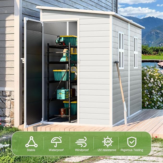 8x4x6 FT Resin Lean to Shed, Waterproof Outdoor Storage Shed with Floor, Window, Lockable Door & 2 Windows, Tool Shed for Patio Garden, Lawn, Backyard, Dove Grey