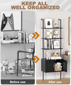 Gadroad Ladder Bookshef with Cabinet, Wall Mounted Bookcases, 5 Tier Tall Open Display Rack, 73" Metal Industrial Bookshelf, Storage Shelves for Livingroom, Home Office, Black