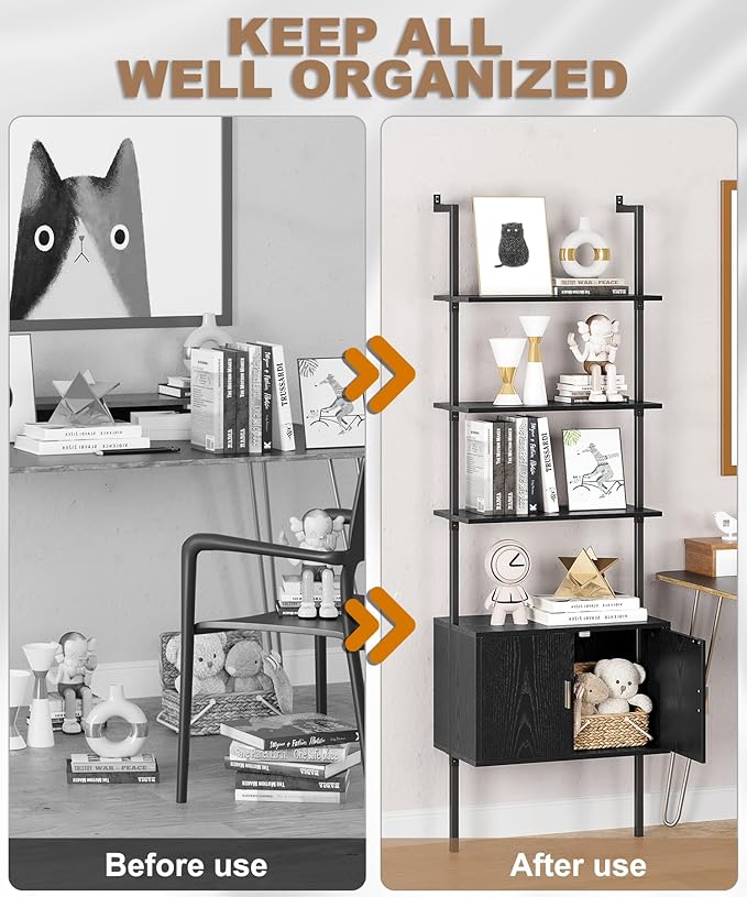 Gadroad Ladder Bookshef with Cabinet, Wall Mounted Bookcases, 5 Tier Tall Open Display Rack, 73" Metal Industrial Bookshelf, Storage Shelves for Livingroom, Home Office, Black