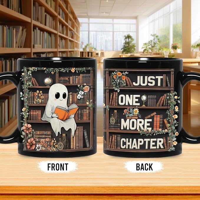 Hyturtle Cute Ghost Reading Mug Gifts on Birthday Halloween for Book Lovers | Just One More Chapter, Funny Book 11oz Ceramic Mug For Readers, Bookish Gifts, Vivid double-sided print, Comfort grip handle