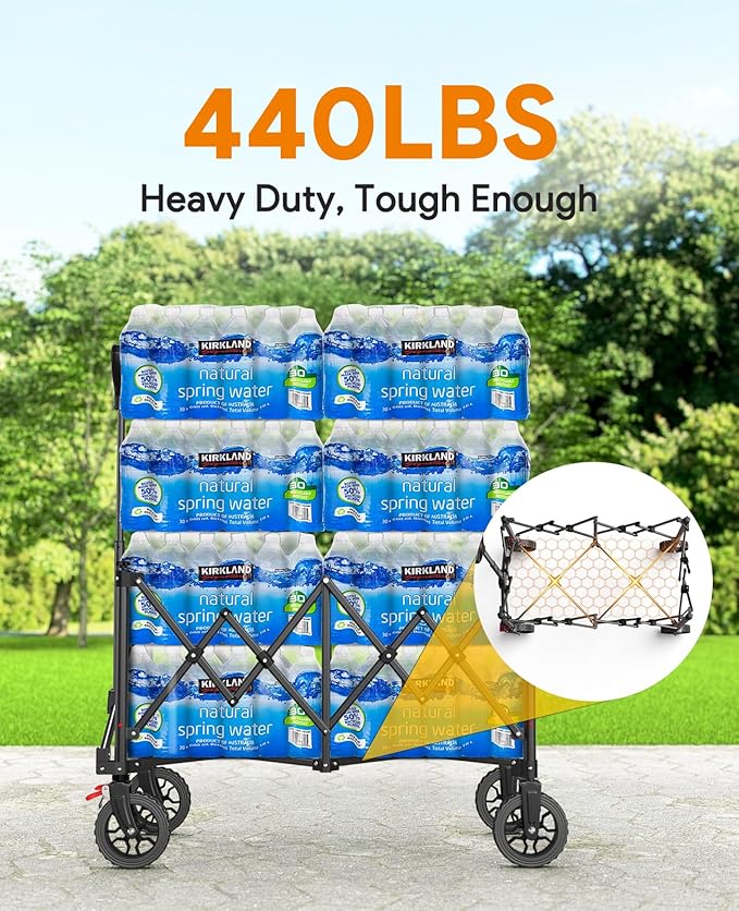 Collapsible Foldable Wagons, 440lbs Capacity Wagons Carts Foldable with All-Terrain Wheels, Heavy Duty Foldable Wagon, Utility Wagon Carts with Brakes for Camping, Sports, Shopping, Grocery, Black