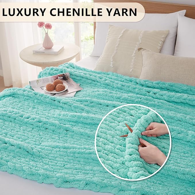 L'AGRATY Chunky Knit Blanket Throw: 60''x80'' Chenille Chunky Knitted Throw Blanket for Bed Couch - Handmade Thick Big Cable Knit Blanket - Large Crochet Rope Blanket for Home Decor(Lake Blue)