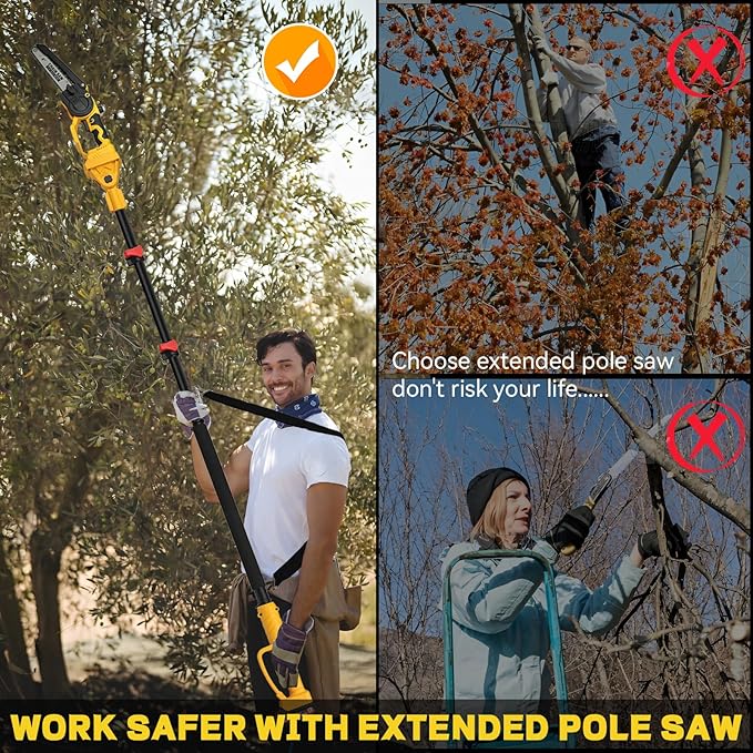 2-in-1 Cordless 8" Pole Saw & Mini Chainsaw Compatible with DeWALT 20V MAX Battery, Brushless 8 Inch & 6 Inch Telescoping Pole Chainsaw Combo Kit 15 Ft Max Reach for Tree Branches Pruning(Tool Only)