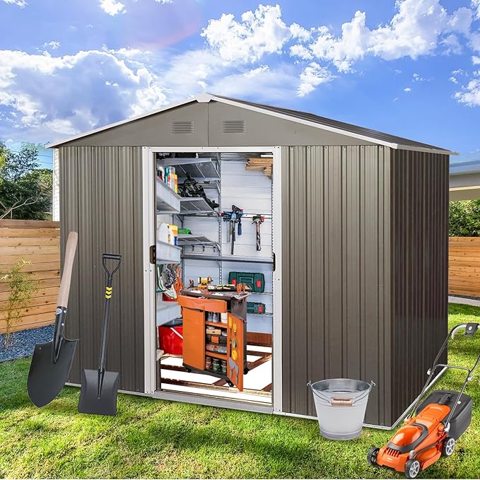 8 x 6 FT Outdoor Storage Shed, Metal Garden Shed with Floor Frame, Large Tool Shed Outdoor Storage with Lockable Sliding Doors & Air Vents, Storage House Waterproof for Backyard, Lawn, Gray