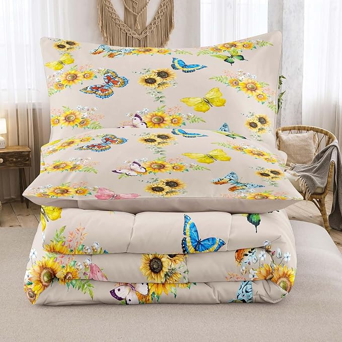 Tailor Shop Sunflower Comforter Sets Twin Size,Sunflower Bedding Sets for Teens Kids Butterflies Comforter Sets,Butterfly Bedding Sets Vintage Yellow Flowers Bedding Sets with 1 Pillowcases