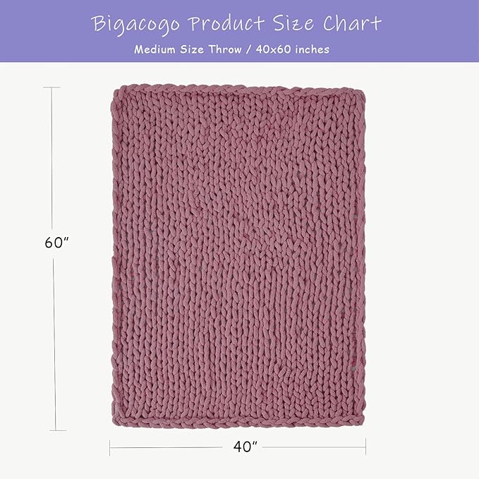 Bigacogo Chunky Knit Throw Blanket for Couch, 40x60 inches, 100% Hand Knitted with Thick Jumbo Chenille Yarn, Cozy Soft Large Rope Knot Cable Crochet Blankets for Sofa Bed Living Room, Burnt Rose