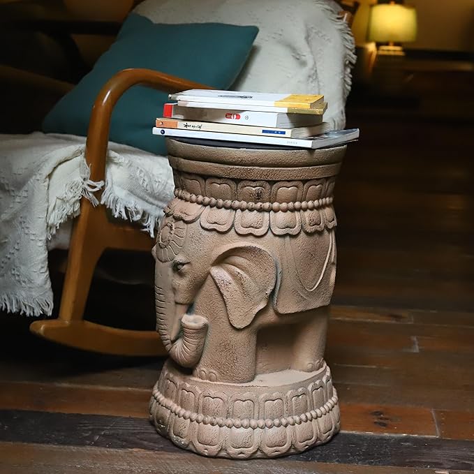 ZOEJADE Maharajah Elephant Lotus Statue Resin Stool Majestic Pedestal Sculpture Antique Buddha Collectibles Outdoor Garden Table Stand Holder for Home Courtyard Lawn Patio Decor Indoor Good Luck
