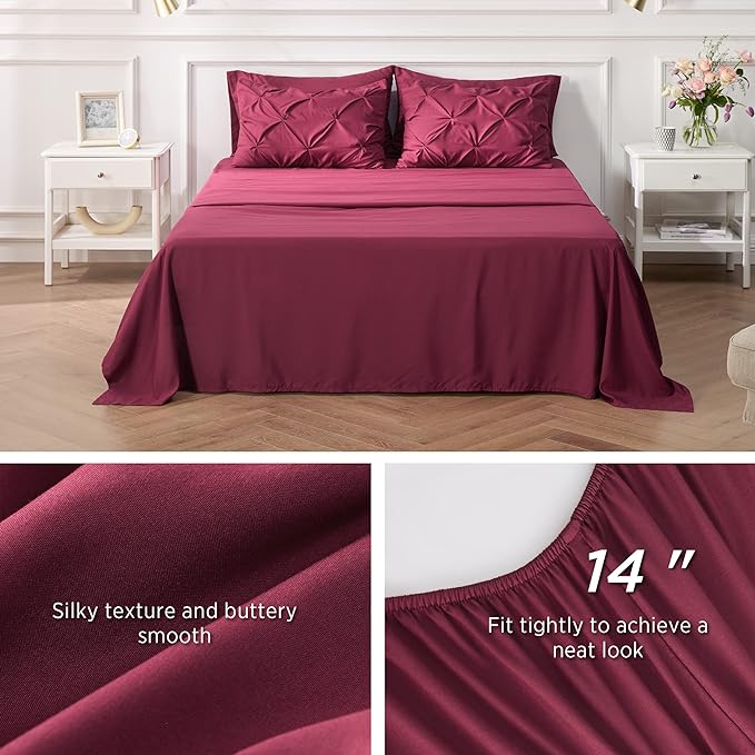 Bedsure California King Comforter Set - Cal King Bed Set 7 Pieces, Pinch Pleat Burgundy Cali King Bedding Set with Comforter, Sheets, Pillowcases & Shams