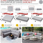 ClawsCover 11Pack Outdoor Seat and Back Cushions Replacement Covers Fit for 5-Seater 6 Pieces Wicker Rattan Patio Conversaton Set Sectional Couch Chairs Furniture,Gray-Include Cover Only