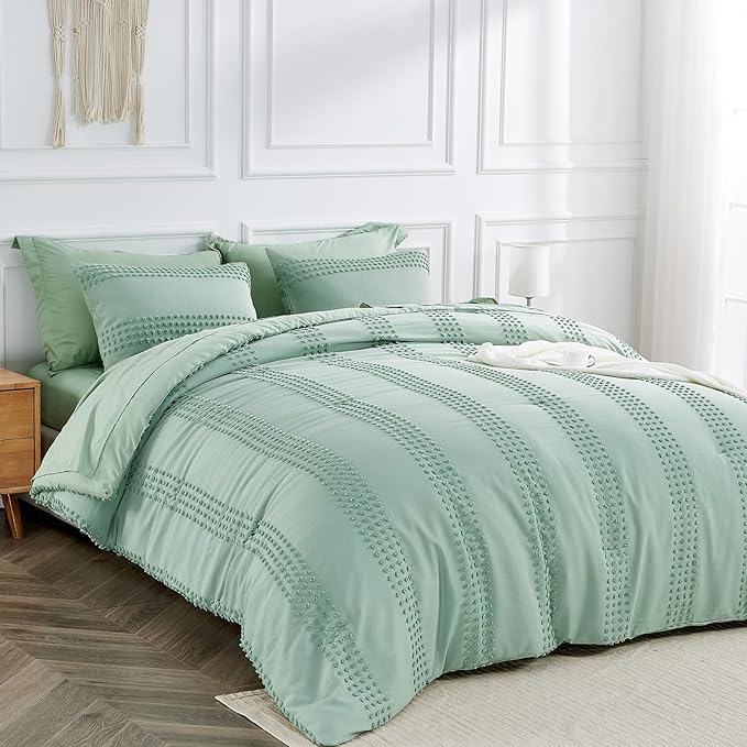 ENJOHOS Sage Green Full Size Comforter Set Boho Bedding Full for Teen Girls, 3 PCS Tufted Comforter with Pom Pom Design for All Season Lightweight Soft Microfiber Comforter with 2 Pillow Cases