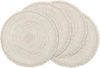 SHACOS Round Placemats Set of 4 Boho Braided Border Table Place Mats for Dining Table Wedding Holiday Party (Ivory Bordered, 4)