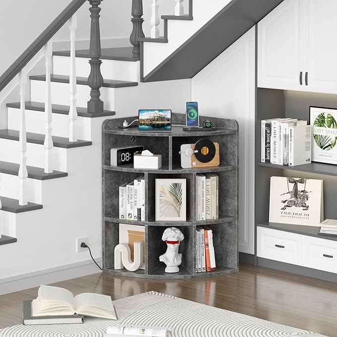 Vecelo Corner Cabinet with Charging Station, 3-Tier Cube Storage Organizer with USB Ports and Outlets, Triangle Bookcases with 8 Cubbies for Playroom, Bedroom, Living Room, Grey