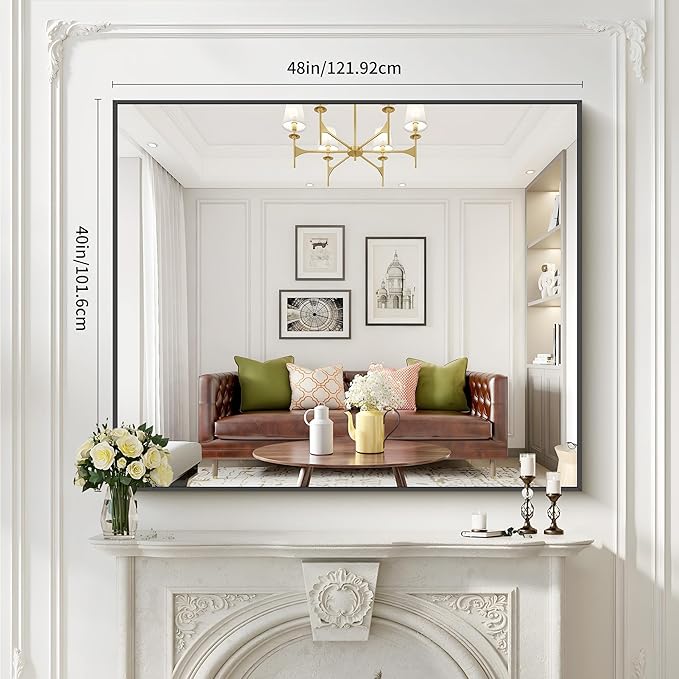 40x48inch Black Bathroom Mirror, Black Rectangle Mirror with Frame, Large Rectangular Wall Mirrors for Bathroom, Living Room, Hair Salon, Big Farmhouse Mirror Hang Horizontal/Vertical