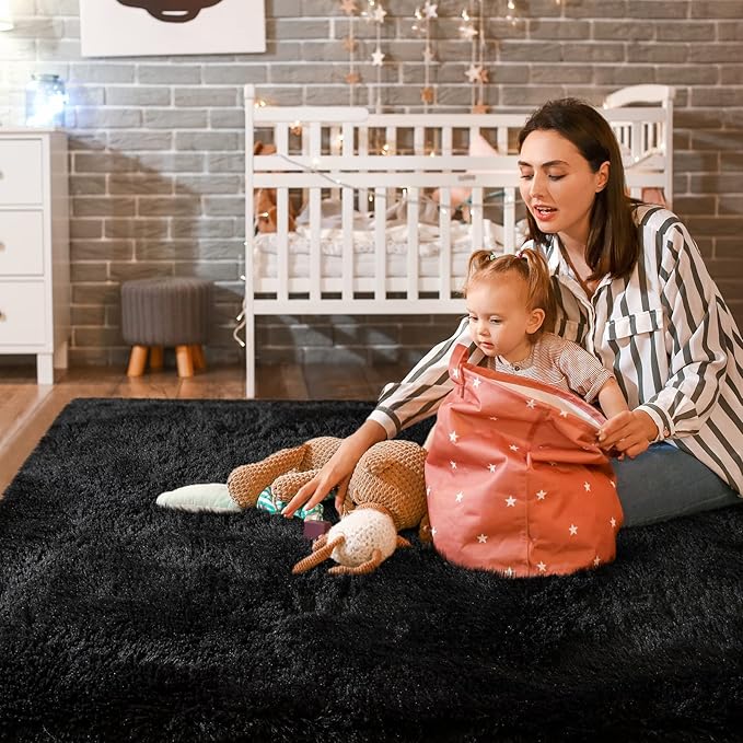 Super Soft Fluffy Shaggy Rugs 6x9 Feet for Living Room Bedroom, Fuzzy Plush Area Rugs for Girls Kids Room Nursery Home Decor, Furry Dorm Rug Cute Non-Slip Indoor Floor Carpet, Black