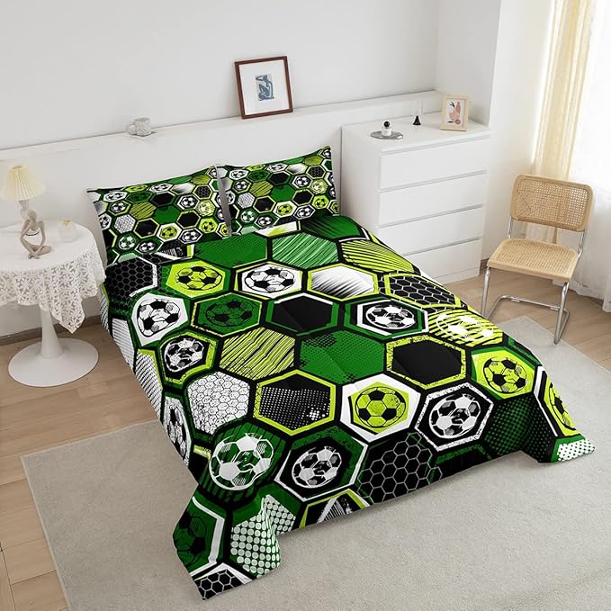Erosebridal Boys Football Comforter Set King Soccer Sports Bedding Set Twin for Kids Teen,Geometric Honeycomb Down Comforter Hexagon Beehive Quilt Duvet Duvet Insert Green Black White 2 Pillow Cases