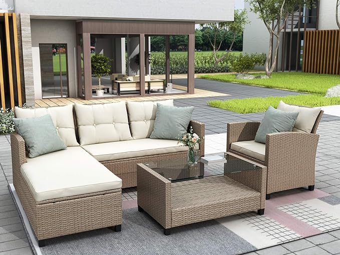 4 Piece Outdoor Patio Furniture Sets Wicker Rattan Conversation Sofa with Glass Table, Chaise Lounge and Chair for Garden Backyard, Onesize, Beige