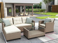 4 Piece Outdoor Patio Furniture Sets Wicker Rattan Conversation Sofa with Glass Table, Chaise Lounge and Chair for Garden Backyard, Onesize, Beige