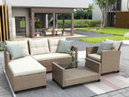 4 Piece Outdoor Patio Furniture Sets Wicker Rattan Conversation Sofa with Glass Table, Chaise Lounge and Chair for Garden Backyard, Onesize, Beige