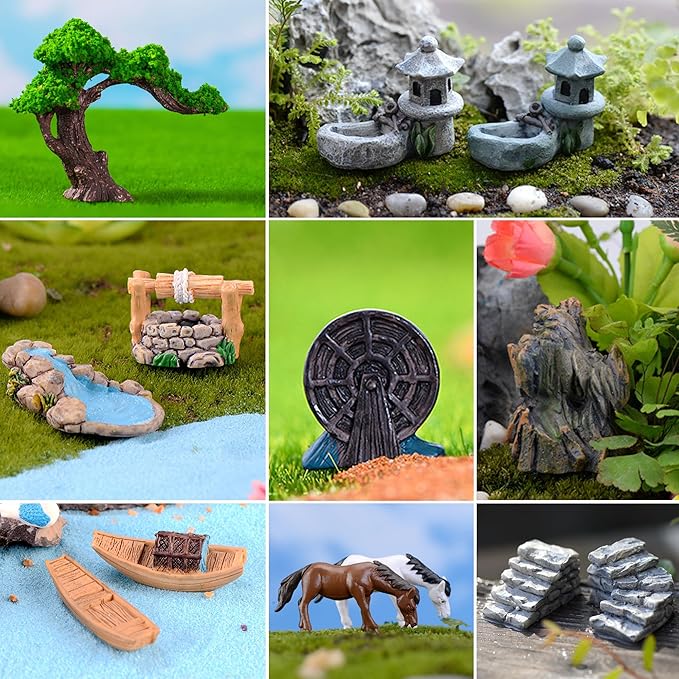 37PCS Fairy Garden Accessories, Miniature Nature Village Theme Fairy Garden Supplies for Outdoor, Mini Resin Animals House Bridge Pool Figurines Micro Landscape Succulent Plant Pots Terrarium Decor