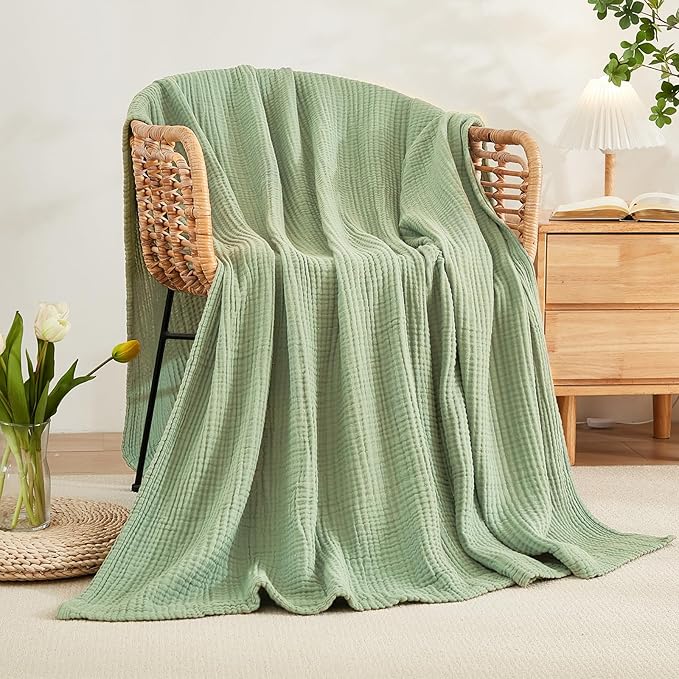 EMME Cotton Blanket Twin XL for Bed Soft Muslin Blankets 66"x90" Lightweight Breathable Layering Bedspread Coverlet All Season Gauze, Sage Green
