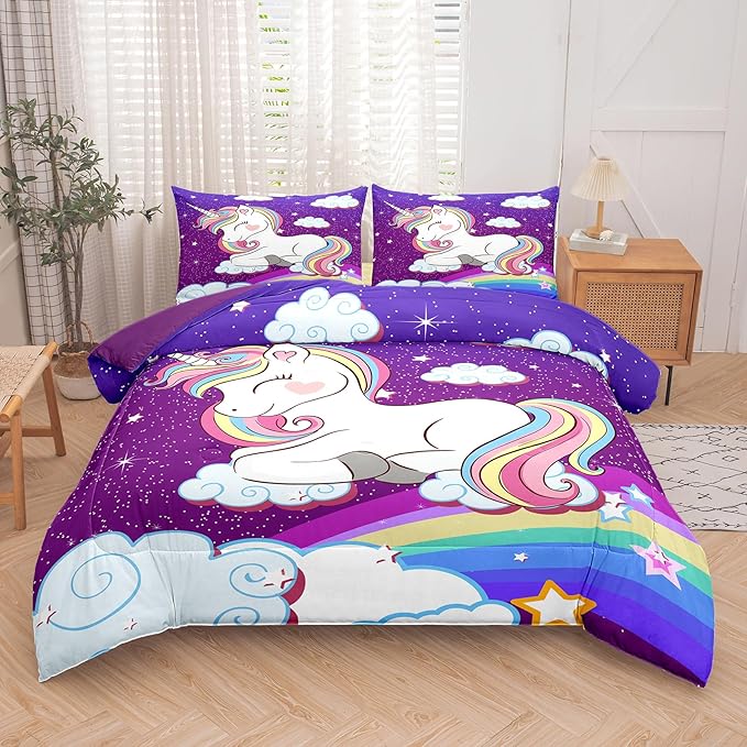Tailor Shop Unicorn Bedding Sets Twin Size,Purple Unicorn Comforter Sets for Girls Kids Teens with 1 Pillowcase…
