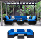 Outvita OutdoorRattan Conversation Set, 7 Pieces PE Rattan Sofa Wicker Patio Furniture Sets with Waterproof Soft Cushion for Backyard Porch Garden Poolside (Black & Blue)