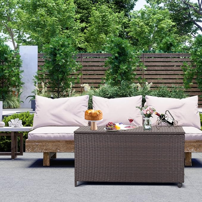 RELAX4LIFE Patio Rattan Storage Box - 50 Gallon All-Weather Wicker Storage Box w/Top Lid, Protective Liner and Wheels, Outdoor Deck Box Waterproof for Cushions, Toys, Garden Tools