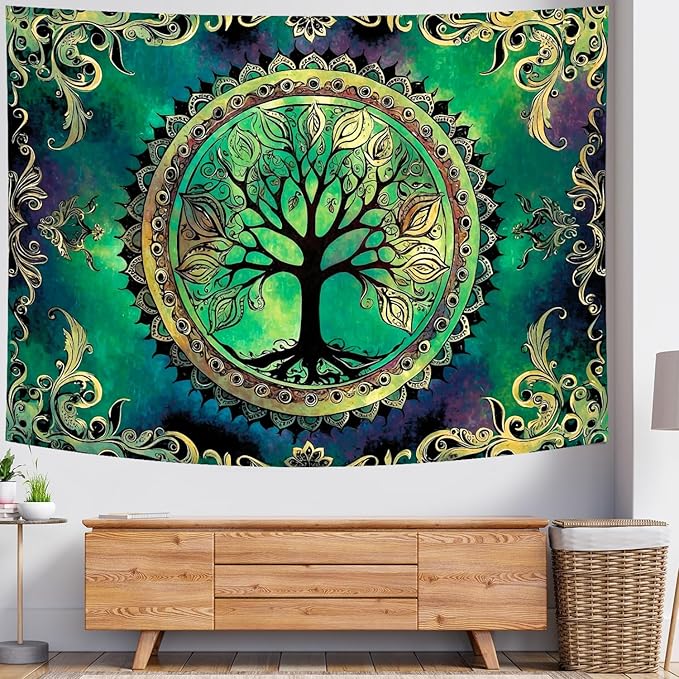 Delur Tree of Life Tapestry Green Nature Bohemian Mandala Spiritual Tapestry Wall Hanging Mystical Landscape Hippie Psychedelic Headboard for Bedroom Living Room Home Decor (59.1" x 78.7")