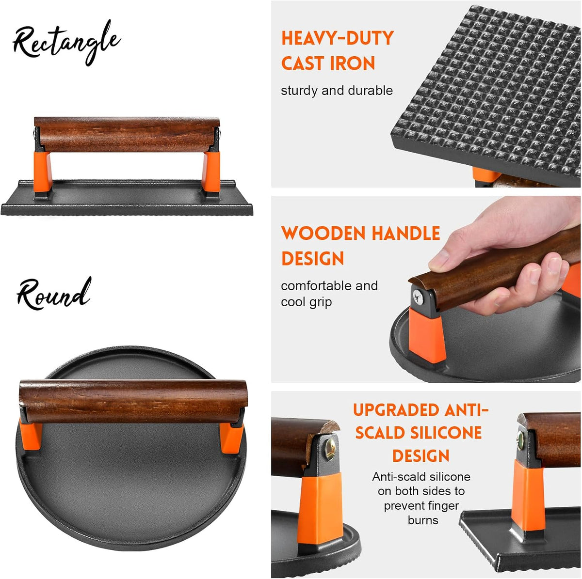 GGC Cast Iron Burger Press Kit, 7" Round and 8"x4" Rectangle Smash Burger Press Set for Grill and Griddle Cooking, 2PCS Meat Press with Wooden Handle for Bacon, Hamburgers, Eggs, Sandwiches