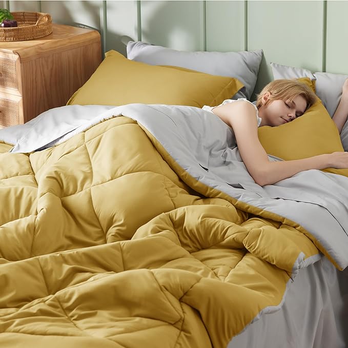 Bedsure Mustard Yellow Full Size Comforter Set - 7 Pieces Reversible Full Bed in a Bag, Full Bed Set Mustard Yellow and Grey with Comforters, Sheets, Pillowcases & Shams