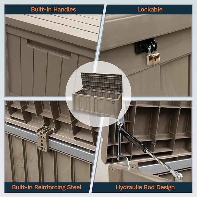Outdoor Storage Box, 180 Gallon Deck Boxes Outdoor Waterproof, Resin Waterproof Deck Box for Patio Furniture Outdoor Cushions Garden Tools and Pool Storage (Light Brown,180 Gallon-)
