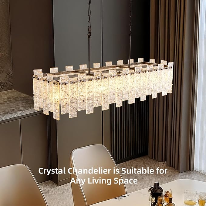 Modern Rectangle Black Crystal Chandeliers for Dining Room, L39" Large Rectangular Water Ripple Glass Island Light Fixture, 6-Lights Hanging Pendant Light for Kitchen Island, Living Room