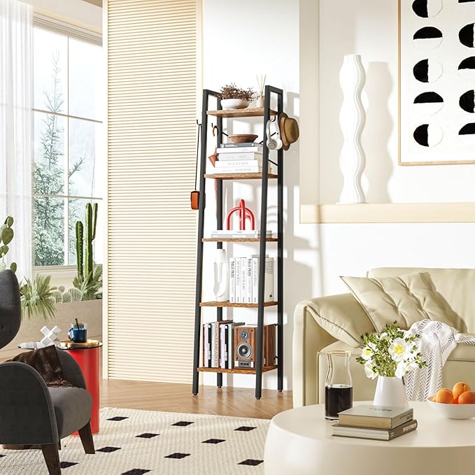 YMYNY 5 Tiers Ladder Bookcase, Industrial Narrow Bookshelf, Open Display Rack with 4 S Hooks, Metal Storage Shelves for Bedroom, Home Office, Living Room, Rustic Brown, 63H*13.4L*11.8W, UHBC025H