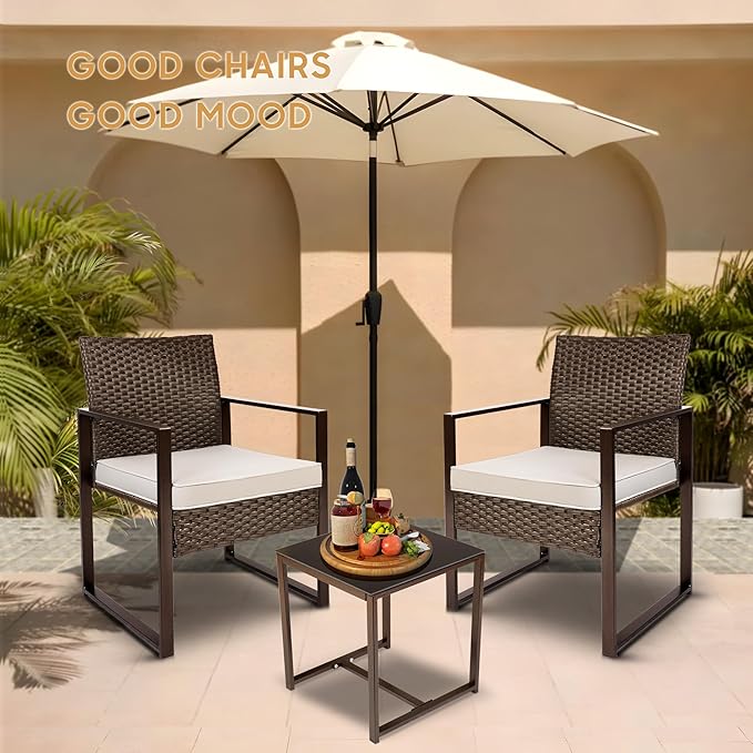 YIYAN Patio Furniture Set 3 Pieces Outdoor Rattan Chair Wicker Sofa Garden Conversation Bistro Sets with Coffee Table,Comfortable Washable Cushions (White)