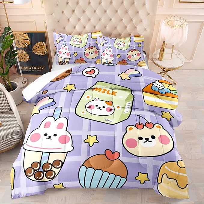 Kawaii Bear Comforter Set for Kids Teens Girls Women,Purple Bear Kids Comforter,1 Comforter with 2 Pillowcase, Microfiber 3 Piece Bedding Set,for All Seasons(Purple，King Size)