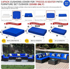 ClawsCover 14Pack Outdoor Patio Seat and Back Cushions Replacement Covers Fit for 7Pieces 6-Seater Wicker Rattan Sectional Couch Chair Furniture Set,Royal Blue-Include Cover Only (Small)