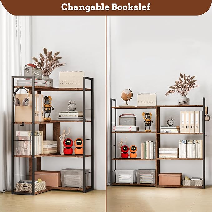 Corner Book Shelf 4 Tier Industrial BookShelf L Shaped Adjustable Bookcase Office Shelves Vintage Wooden Bookshelves for Living Room Bedroom library Rustic Brown