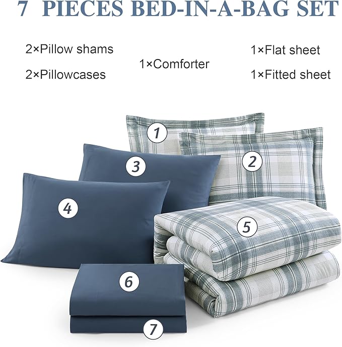 Blue King Size Comforter Set, Plaid King Bed Sets for Boys & Girls,Classic Homestead-Style King Sized Comforter Bedding Set with Sheets and Comforter Sets