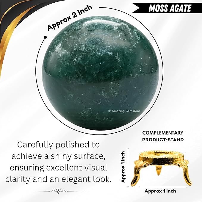 Amazing Gemstone Moss Agate Crystal Ball with Stand - 2" Inches Crystal Sphere Meditation Balls for Witchcraft and Decorative Balls