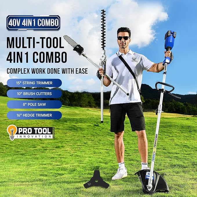 Wild Badger Power 40V Cordless Weed Wacker, String Trimmer/Edger, Hedge Trimmer and Brush Cutter Blade, Pole Saw, Attachment Capable 4-in-1 Multi-Tool Kit with 2 * 20V 4Ah Battery and 1 Charger, Blue